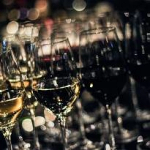 Glasses of wine, prepared at the start of an event.